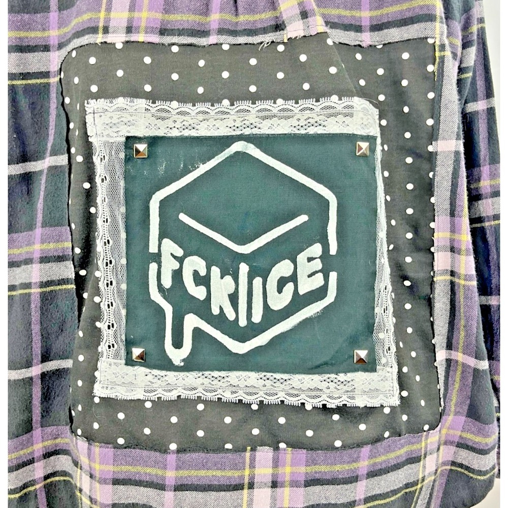 Sonoma Black and Purple Plaid Flannel with Back Graphic Patch - Picture 3 of 9